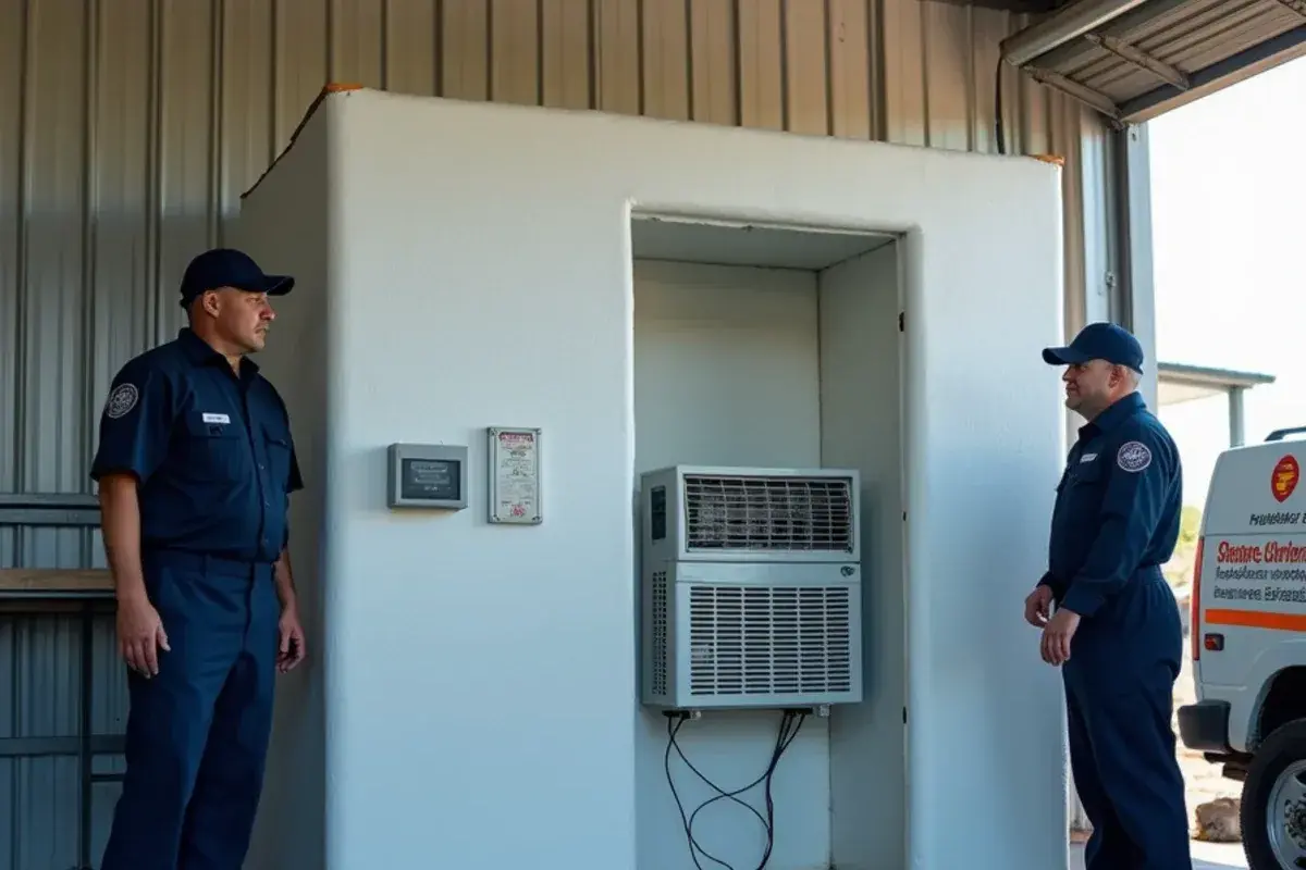 Insulated cold room built inside a shop with a window AC and controller in Doolittle, TX