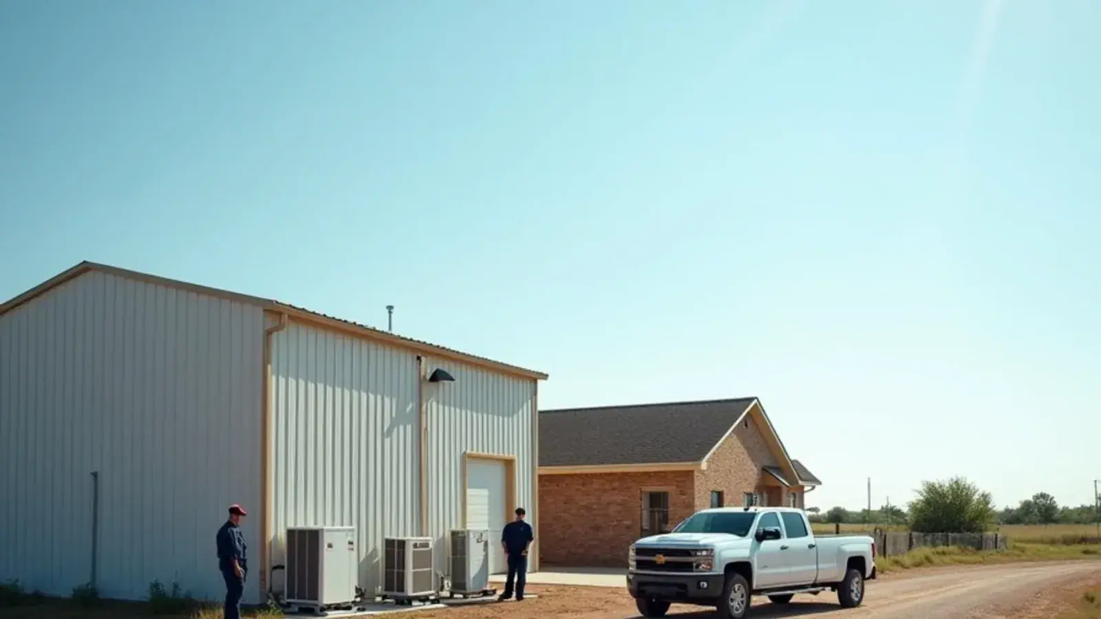 Metal shop with a ductless condenser on open mesquite acreage beside a ranch home in Doolittle, TX