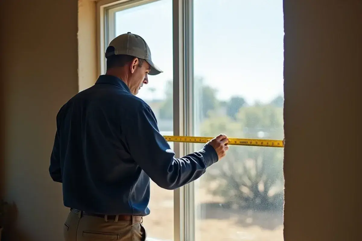 Technician measuring a west-facing window for a cooling load calculation in East Alto Bonito