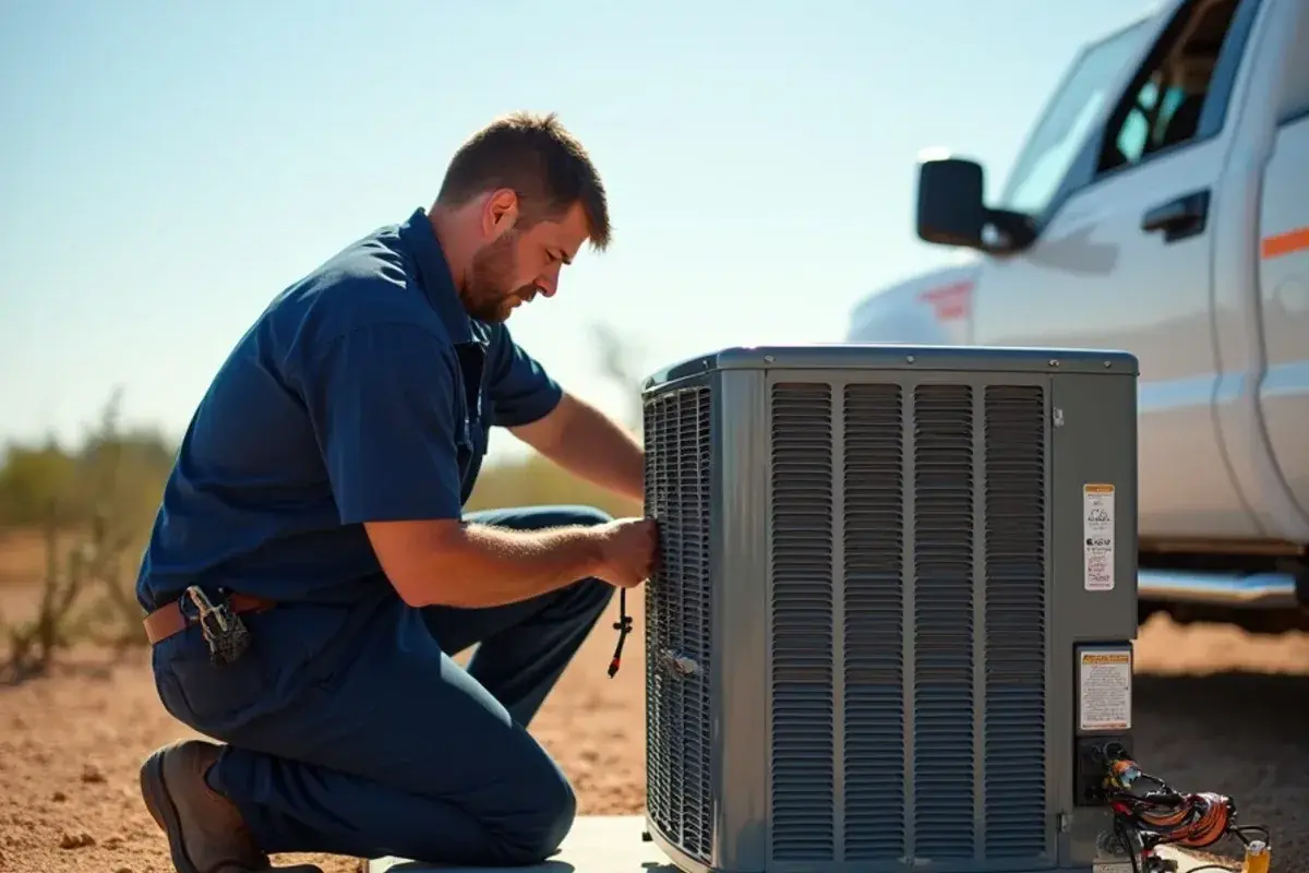 Technician servicing an unshaded AC condenser during a tune-up in East Alto Bonito