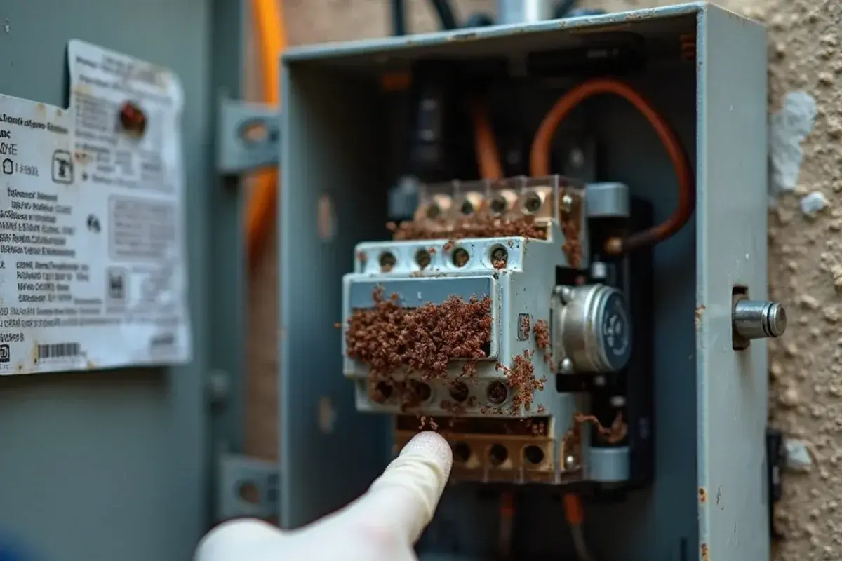 Fire ants packed around the contactor inside an AC condenser panel in El Chaparral, TX