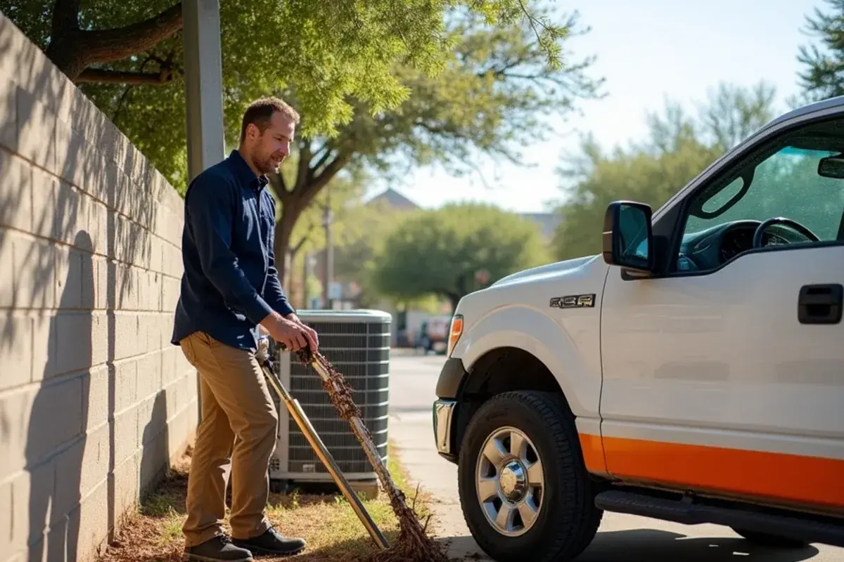 Technician trimming mesquite branches back from an outdoor AC unit in El Chaparral