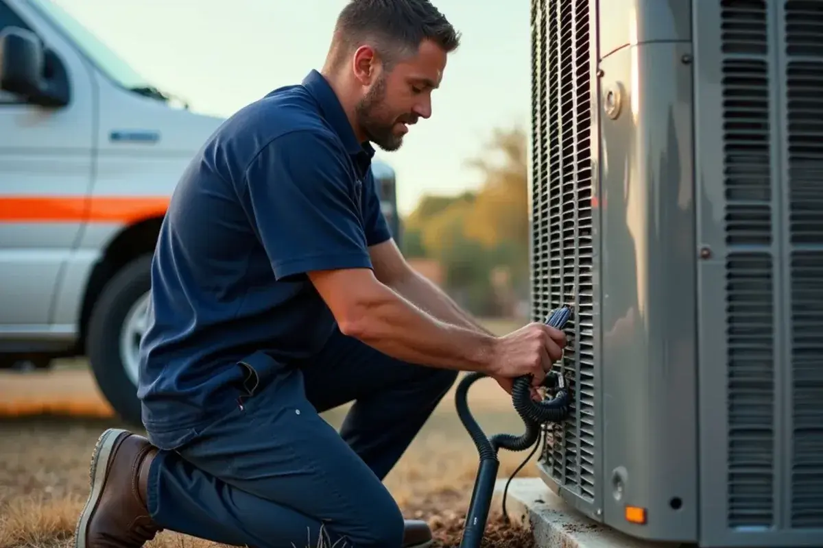Technician vacuuming ant nest debris from the base of an AC condenser cabinet in El Chaparral