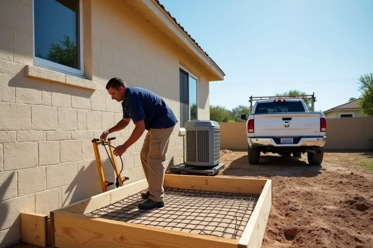 Wooden forms and rebar set for a raised AC condenser pad at a home in El Refugio