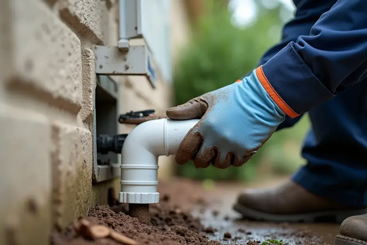 Technician flushing a backed-up condensate drain line at an exterior wall in El Refugio, TX