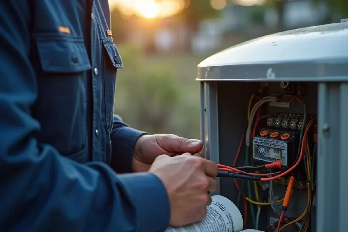 Technician testing an outdoor AC contactor with a meter after a storm outage in El Refugio