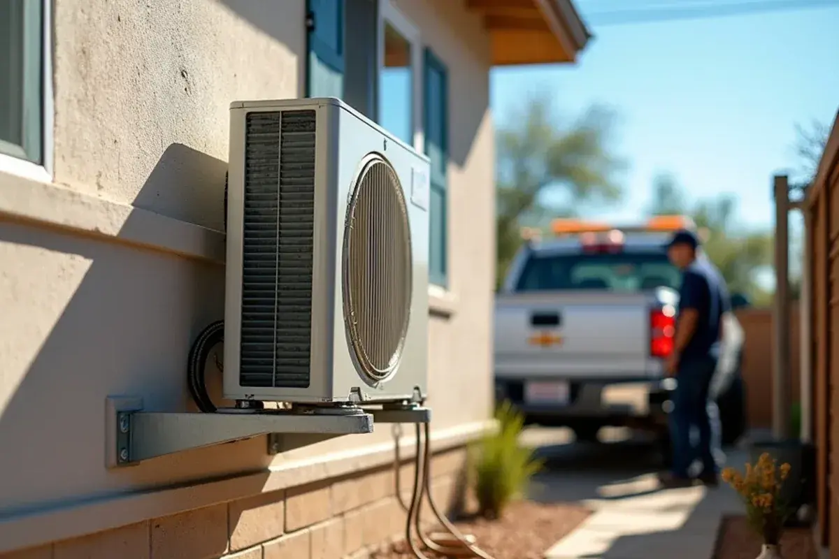 Mini-split condenser on a wall bracket in a narrow Escobares side yard near US-83