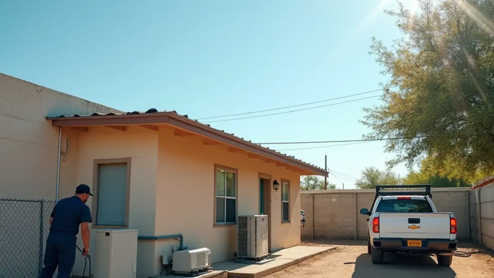 Block home in Escobares, TX in midday summer heat, window AC units dripping beside a new mini-split condenser