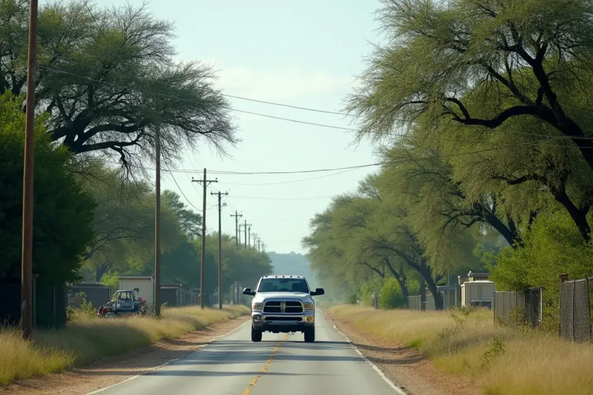 Rural farm road lined with river trees and brush near Fronton in western Starr County