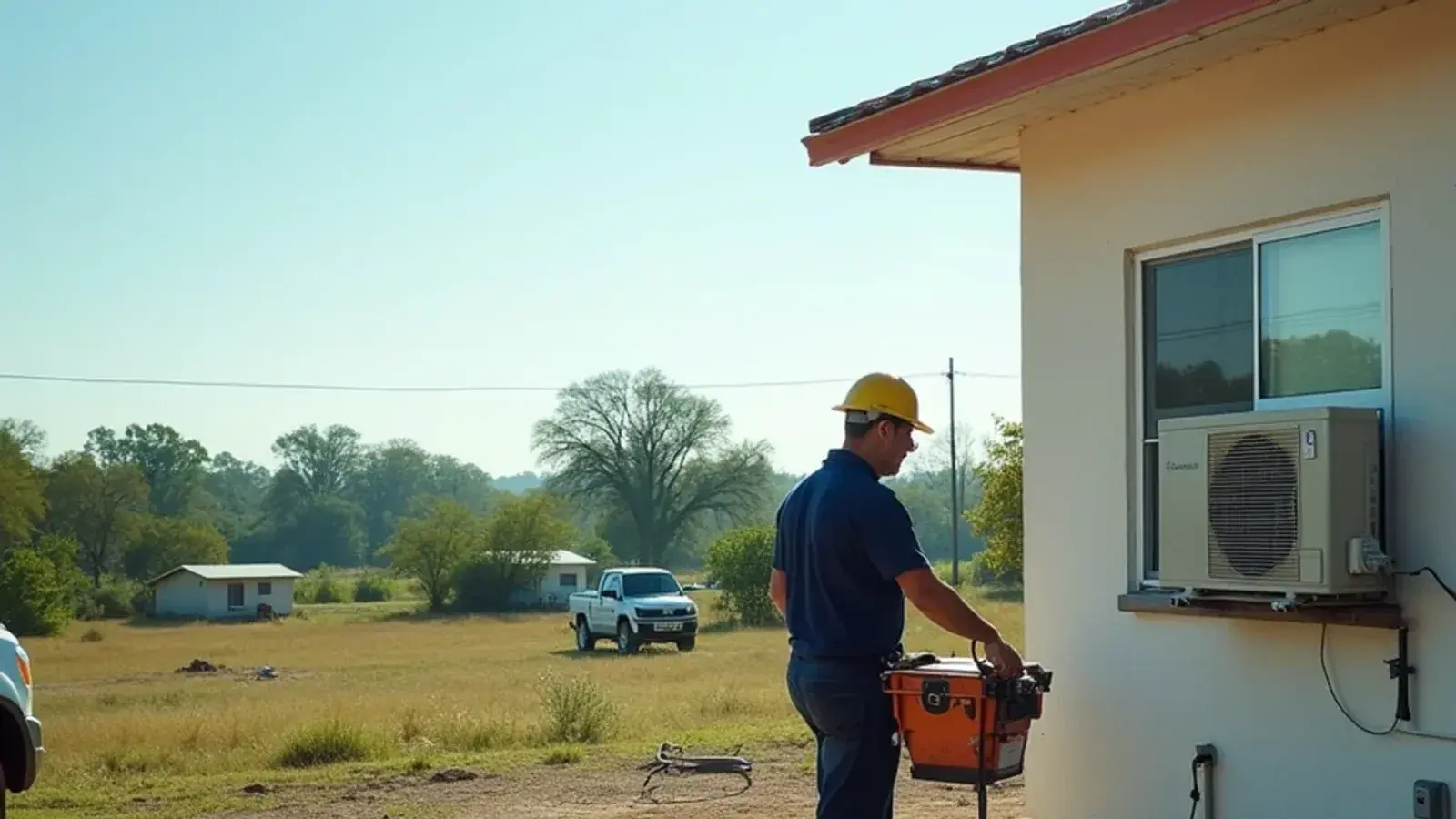 Small block home with a wall-mounted mini-split in humid riverside lowland near Fronton, TX