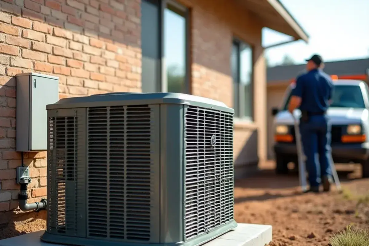 New high-efficiency AC condenser set on a fresh concrete pad at a ranch-style home in Garceño