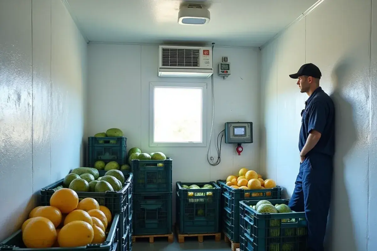 Small insulated cold room with produce crates cooled by a CoolBot-controlled AC in Garciasville, TX