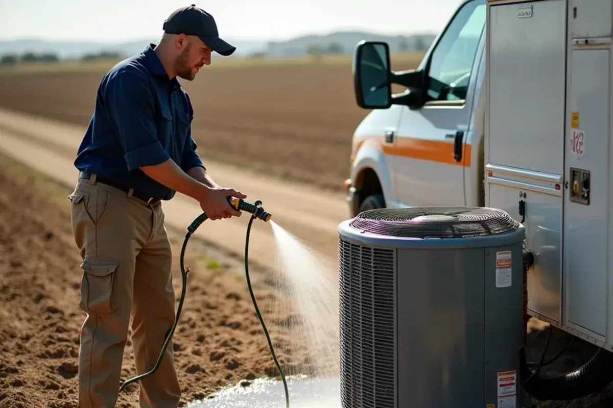 Technician rinsing field dust from an AC condenser near farmland in Garciasville, TX