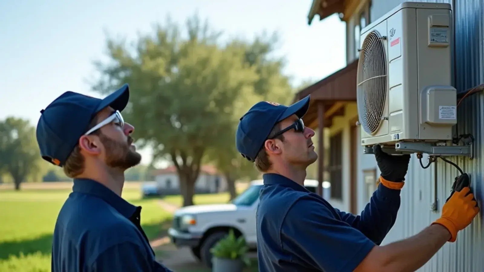 Two technicians lifting a mini-split condenser onto a metal farm shop wall beside a field in Garciasville, TX