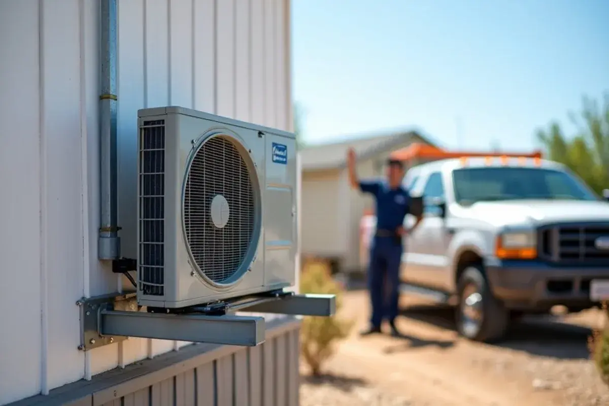 Mini-split outdoor unit on a wall bracket next to a manufactured home in Garza-Salinas II