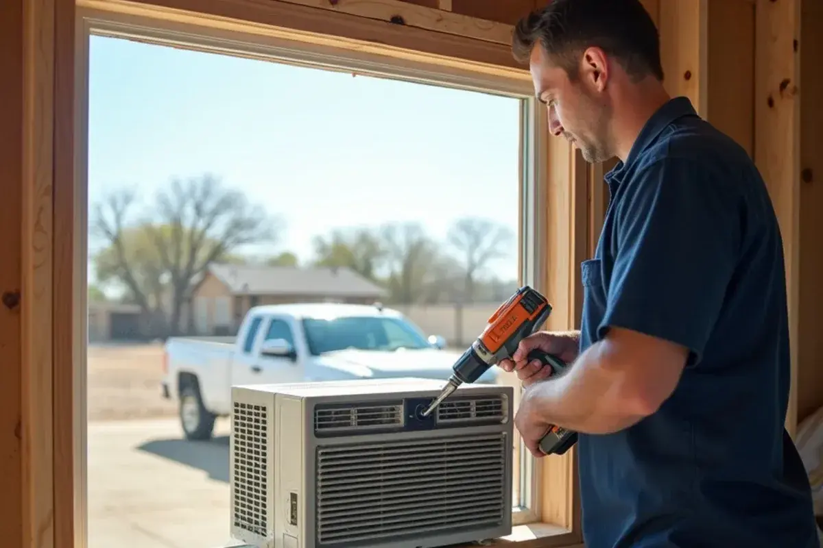 Old window AC opening being framed and closed after a mini-split install near La Joya