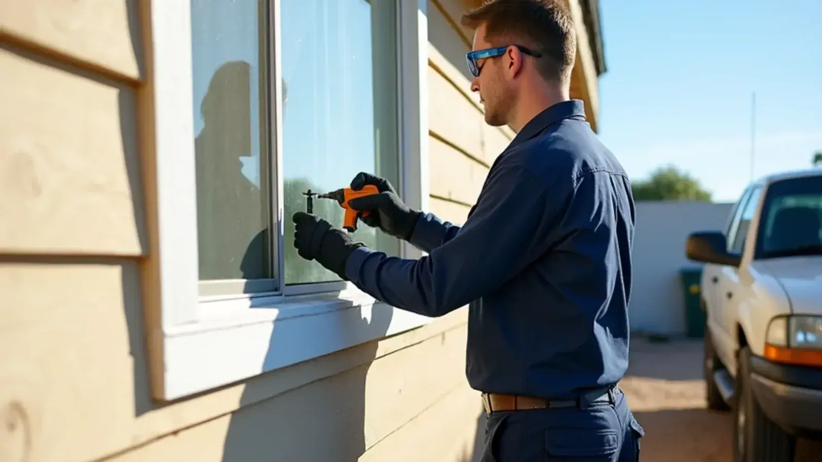 Technician core-drilling a line-set hole in the siding of an older frame house in Havana, TX