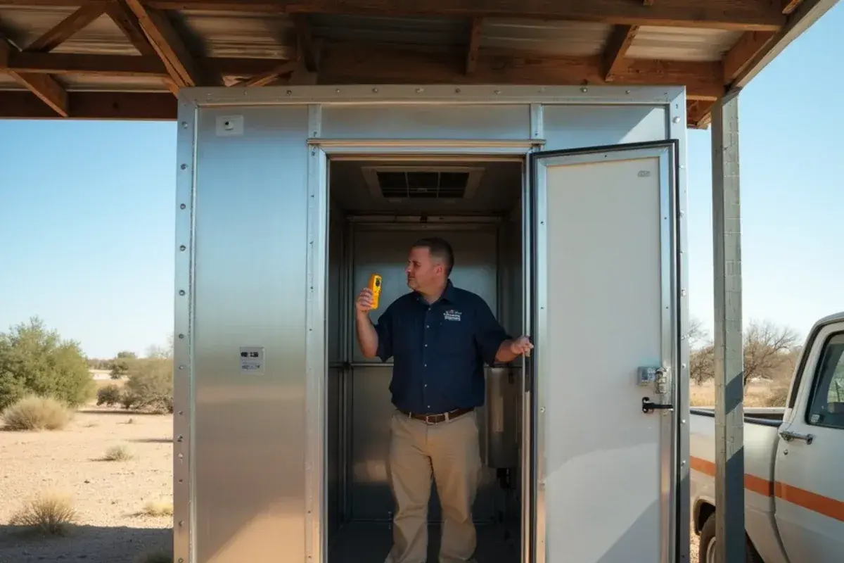 Open walk-in cooler door at a South Texas deer camp with the evaporator visible inside