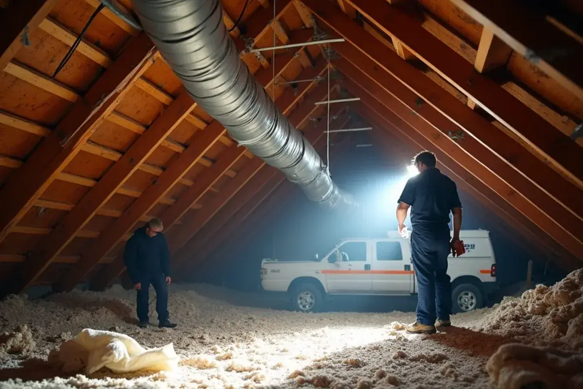 Sagging flexible duct run lying across ceiling joists in the attic of a La Grulla frame house