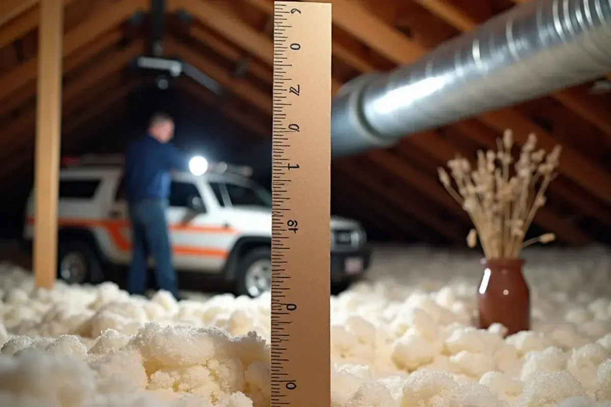Insulation depth ruler standing in blown attic insulation in an older La Grulla home
