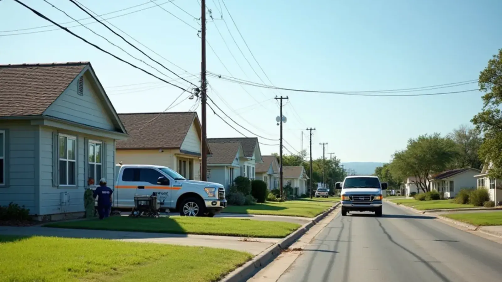 Street of older pier-and-beam frame houses with AC condensers ending at a farm field in La Grulla, TX