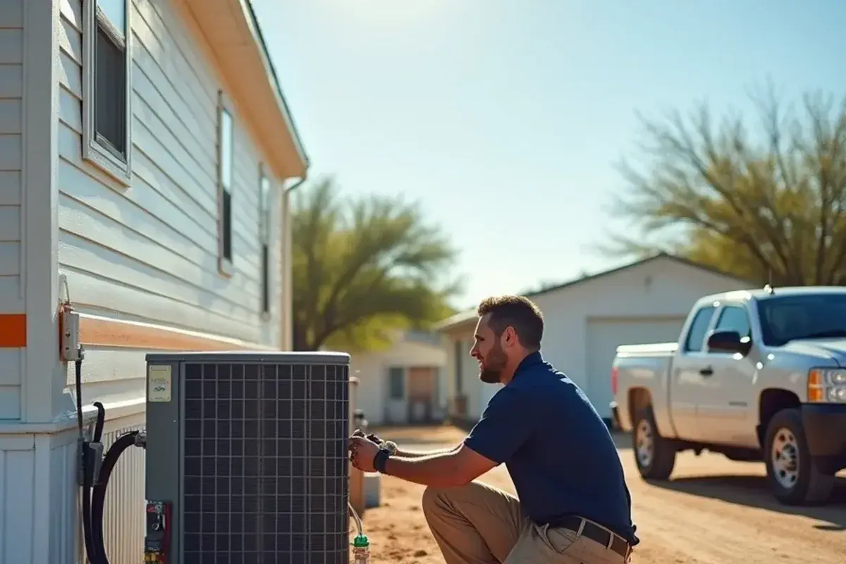 Technician checking a packaged AC unit beside a manufactured home on a rural lot in La Homa, TX