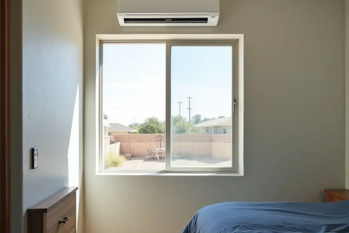 Wall-mounted mini-split head above a window in a block room addition in La Homa, TX