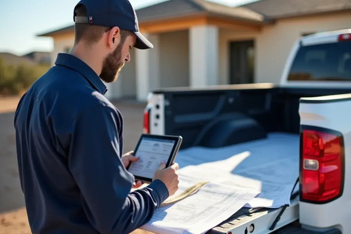 Technician running a room-by-room cooling load calculation for a new home in La Joya, TX