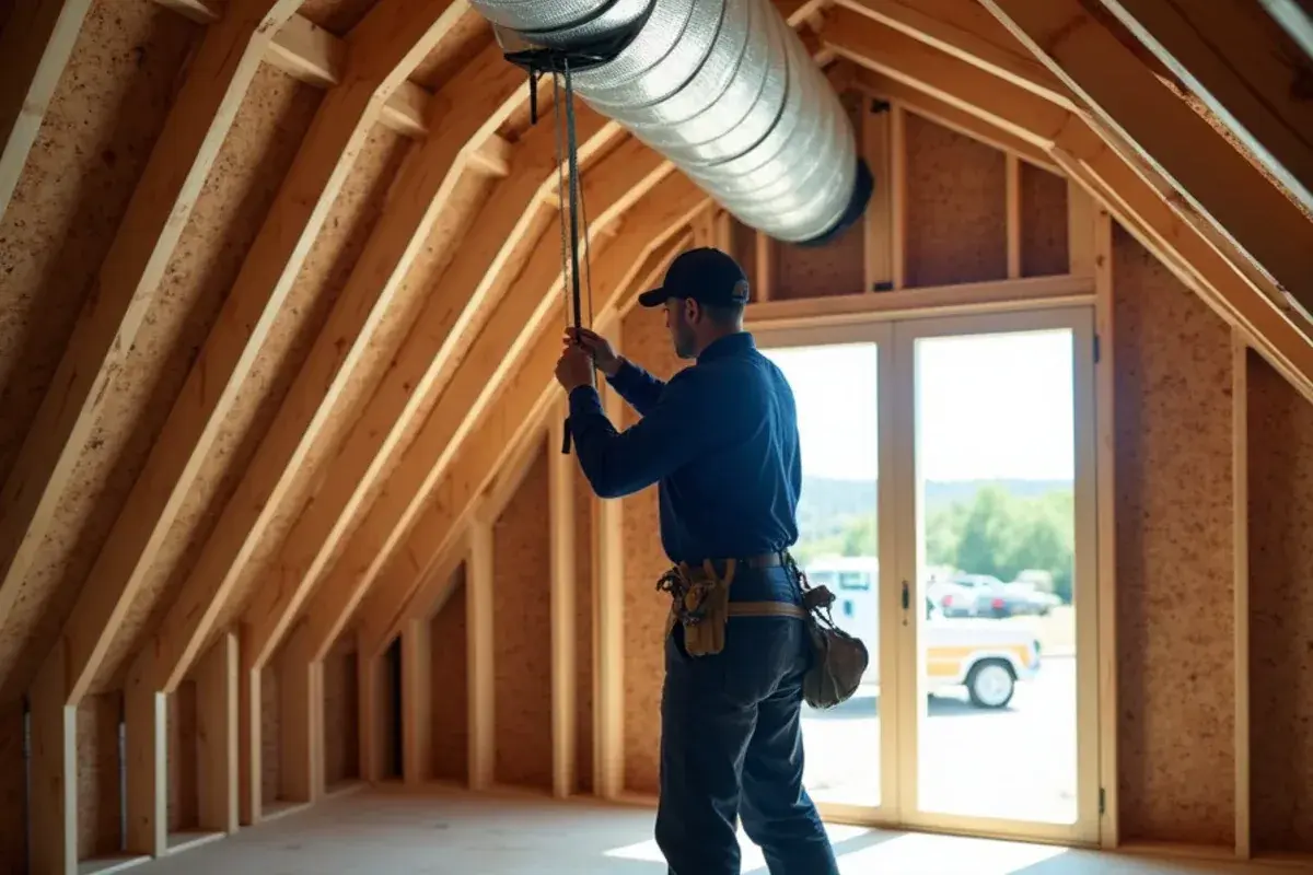 Insulated supply ducts being hung in the attic of a home under construction near La Joya