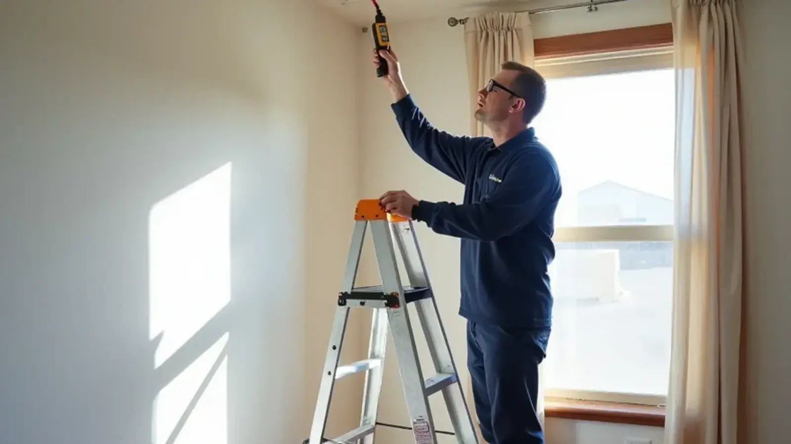 Technician measuring supply-air temperature at a ceiling vent in an older La Joya, TX home