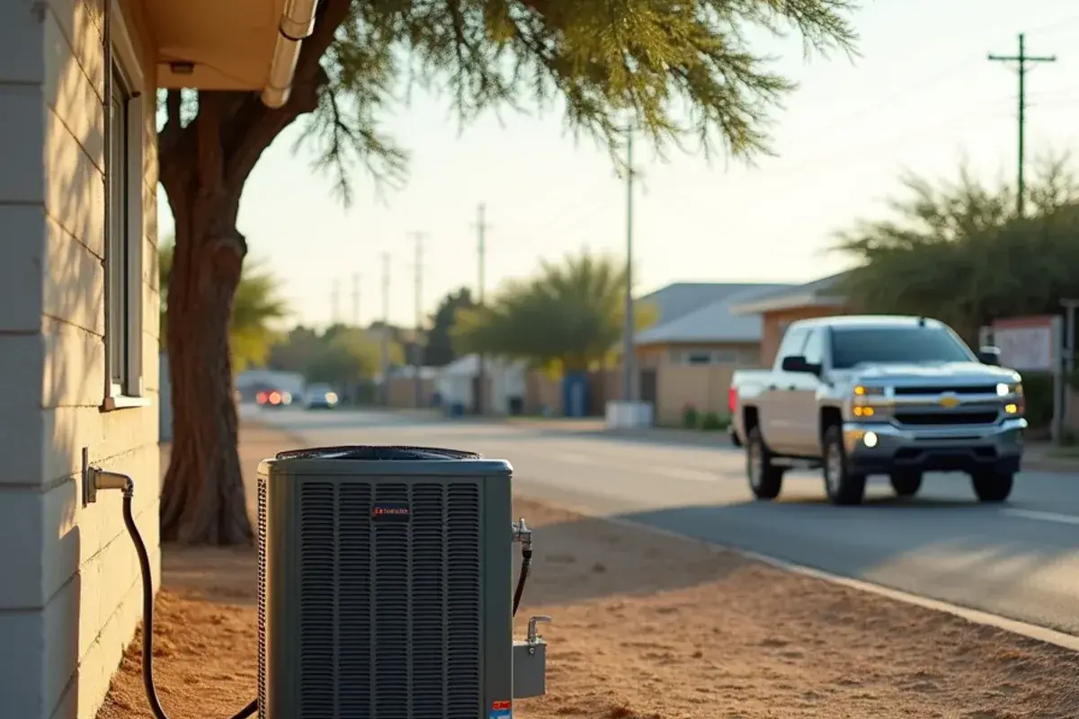 Residential AC condenser on a pad behind a home near the US-83 frontage in La Puerta