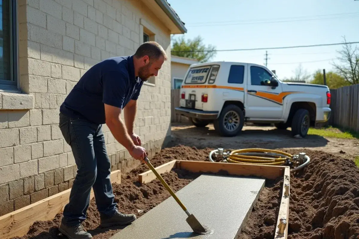 Fresh raised concrete pad formed for an AC condenser beside a home in Los Ebanos, TX