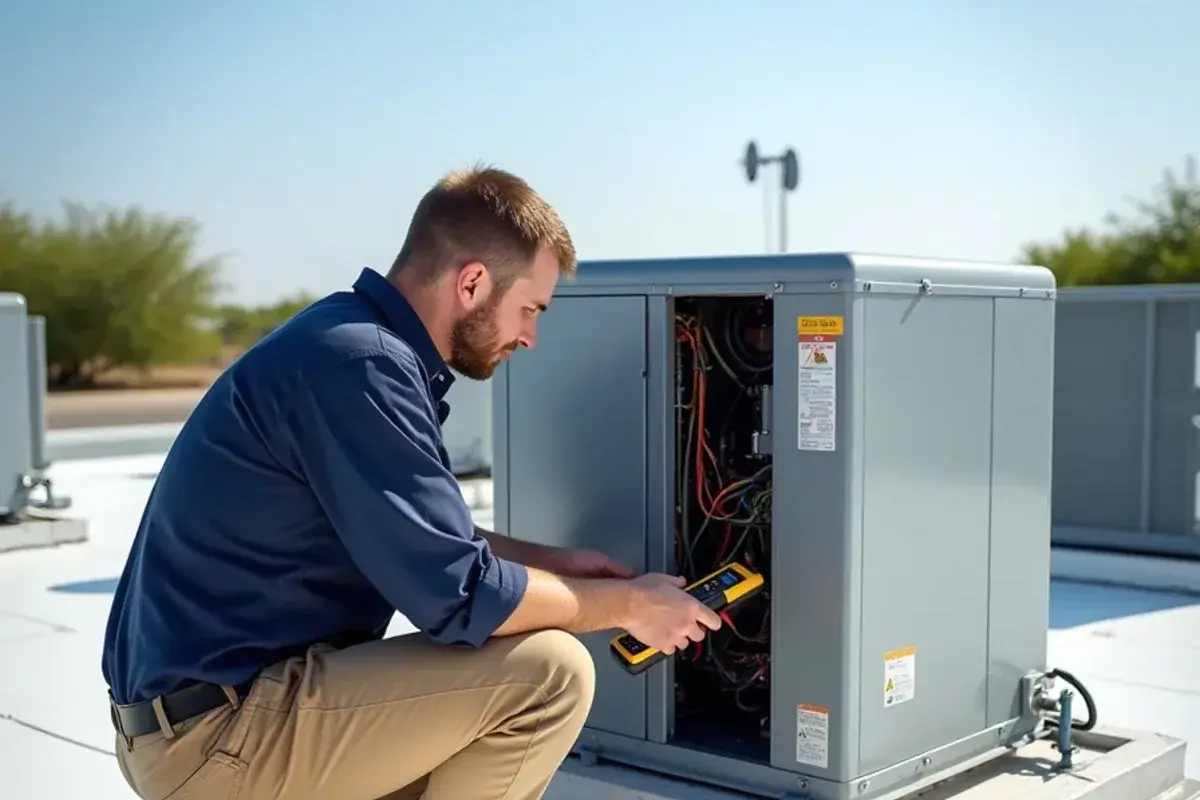 Technician testing wiring inside an open rooftop package unit above a McAllen storefront