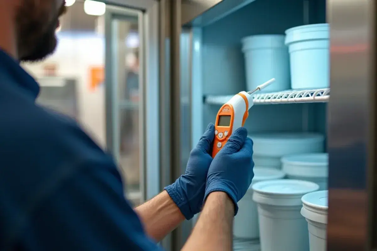 Probe thermometer reading inside a stainless reach-in cooler in a McAllen restaurant kitchen