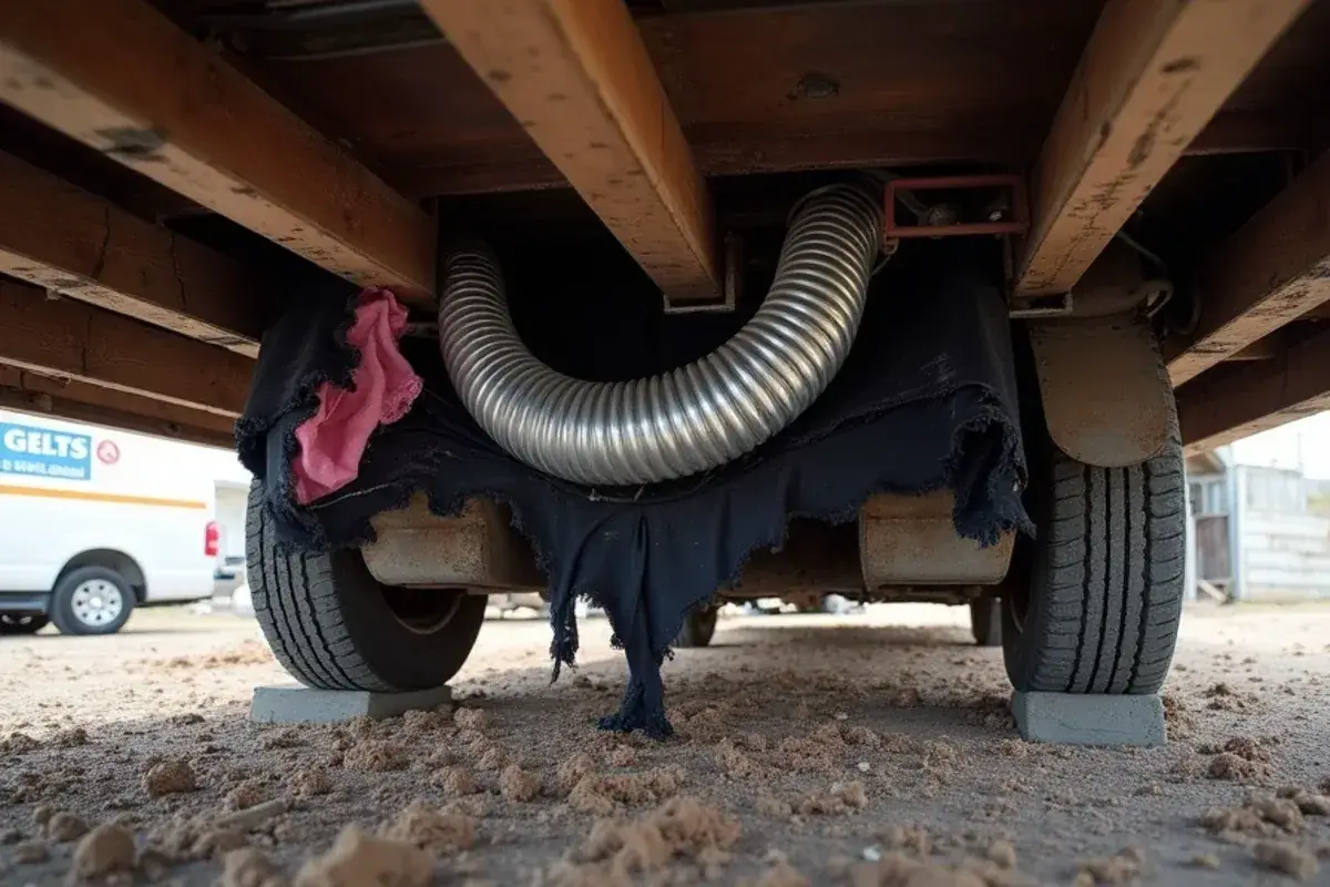 Torn belly wrap and loose crossover duct under a mobile home in Mi Ranchito Estate, TX