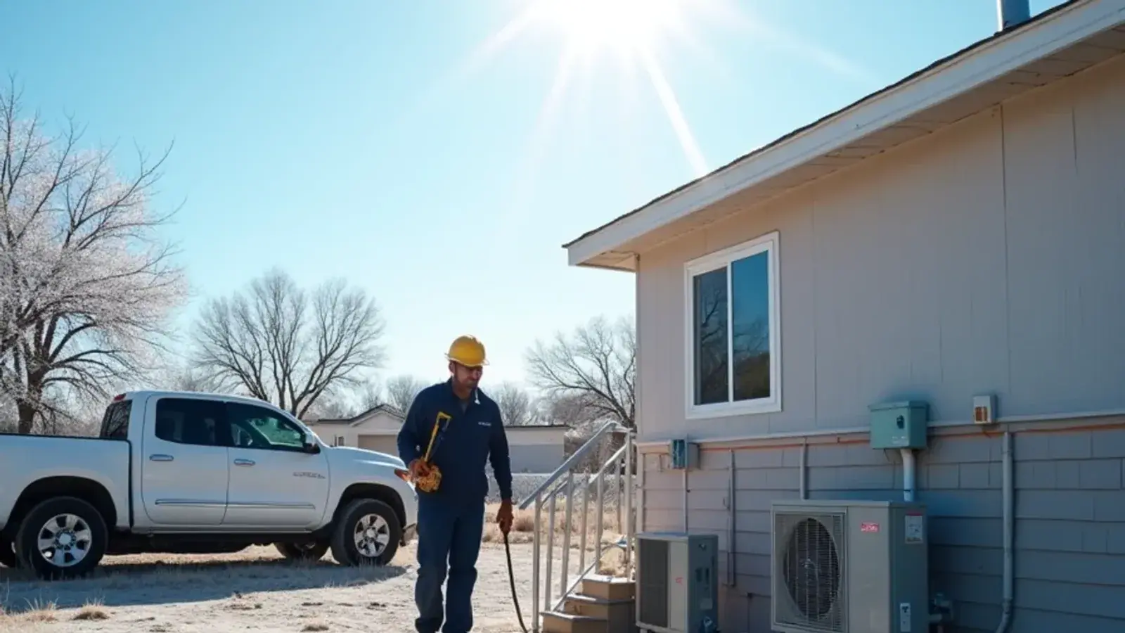 Frost on a heat pump beside a single-wide and block add-on during a rare cold snap in Mi Ranchito Estate, TX