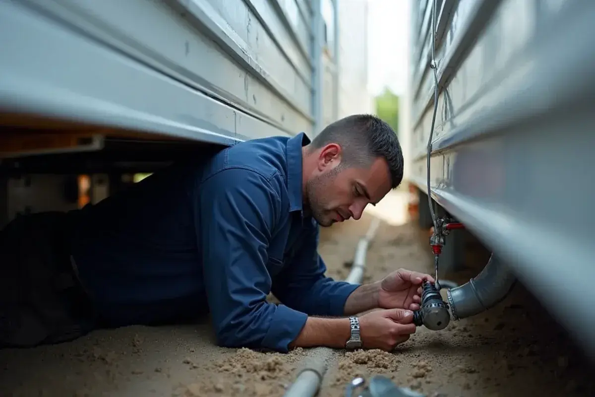 Technician reconnecting a crossover duct between two halves of a double-wide in Mikes