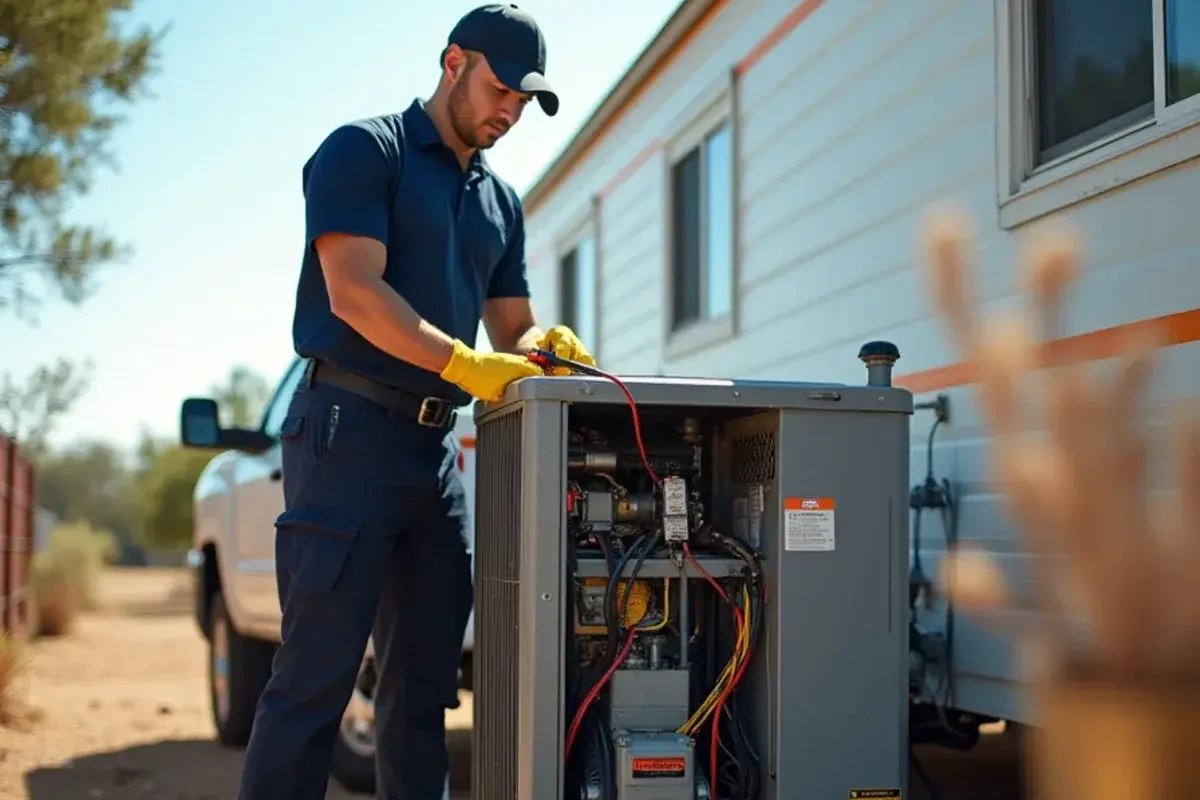 Package AC unit with its access panel open for repair beside a manufactured home in Mikes