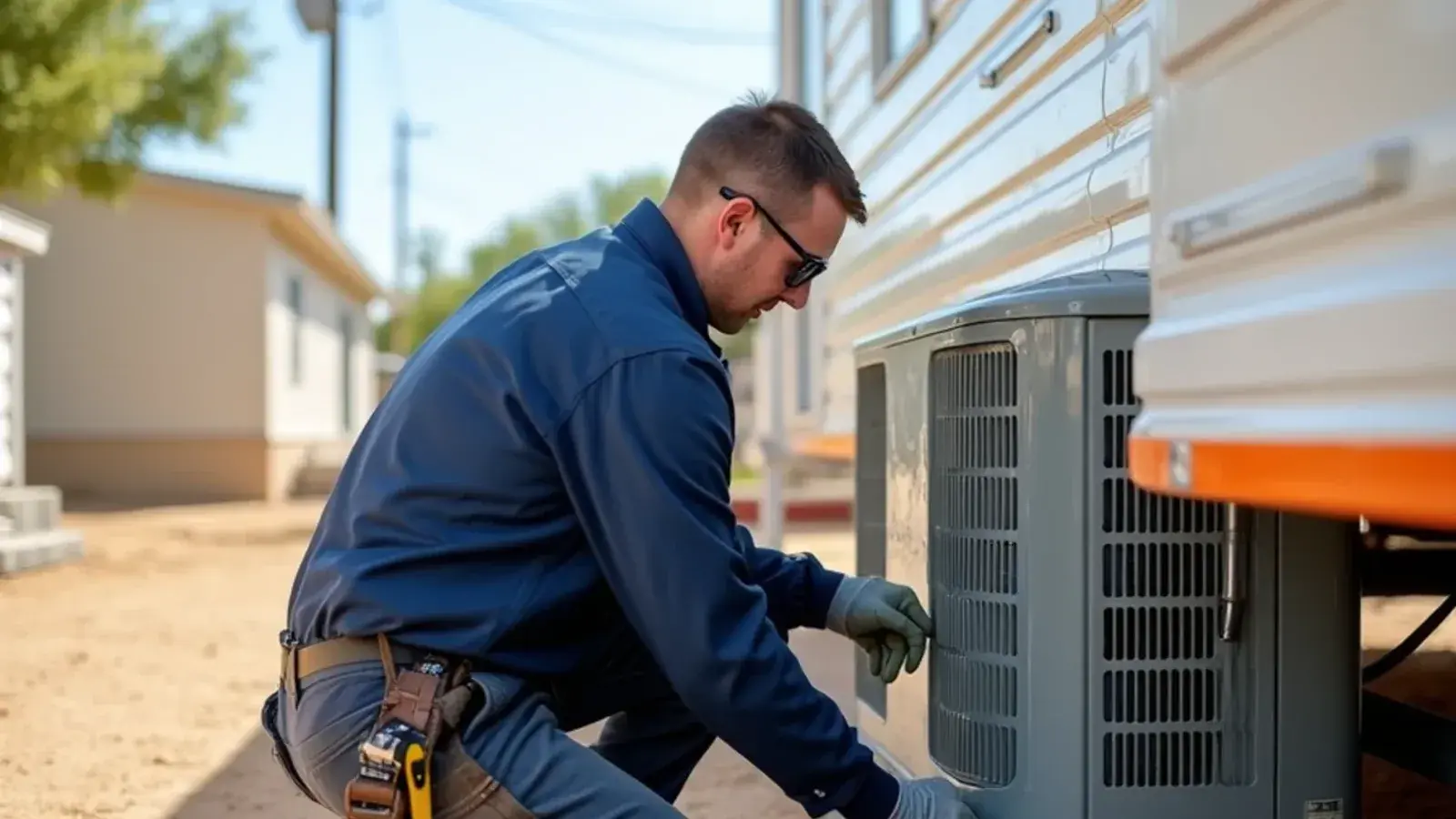 Technician sealing a belly duct joint at the skirting of a single-wide with a package AC unit in Mikes, TX