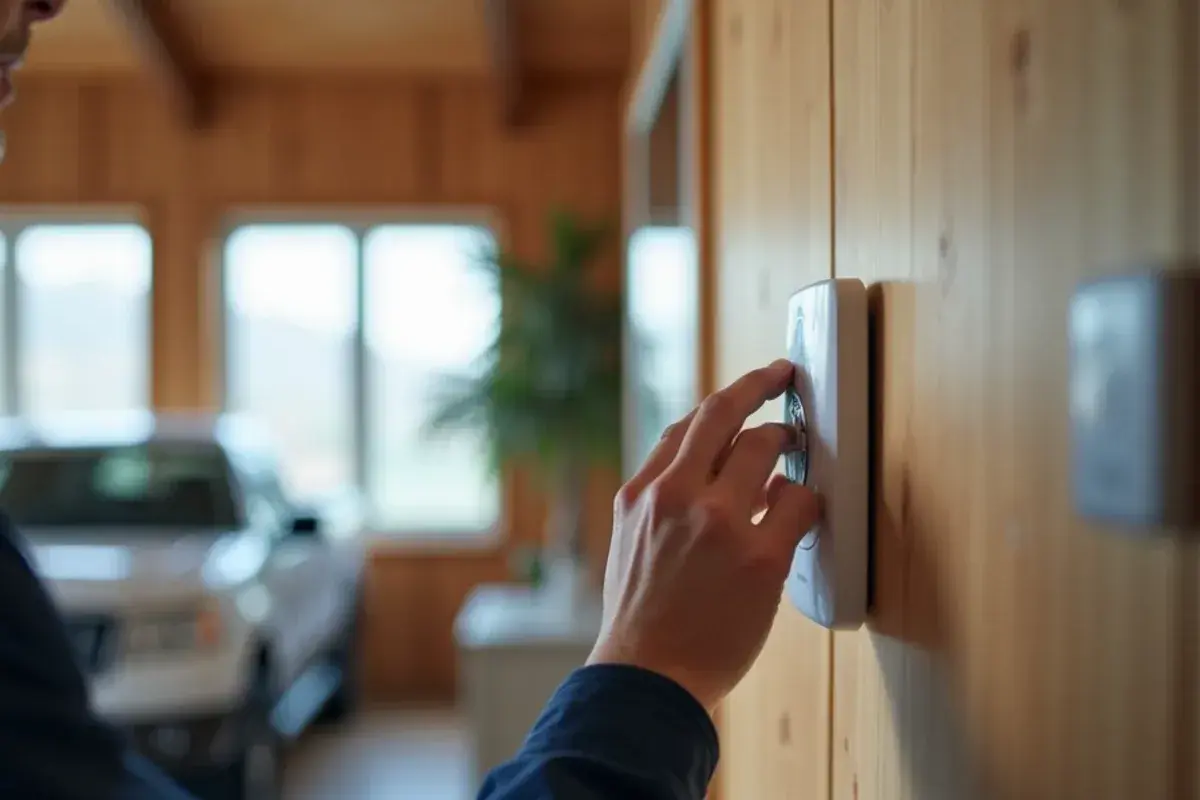 Technician checking a thermostat in heat mode during a winter heat pump visit in Mission