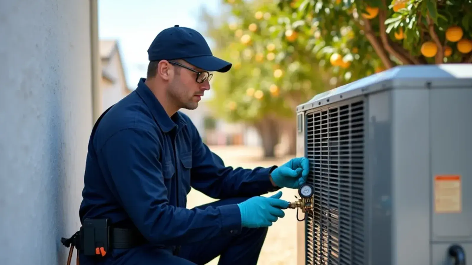Technician checking a heat pump with gauges beside grapefruit trees behind an older Mission, TX home