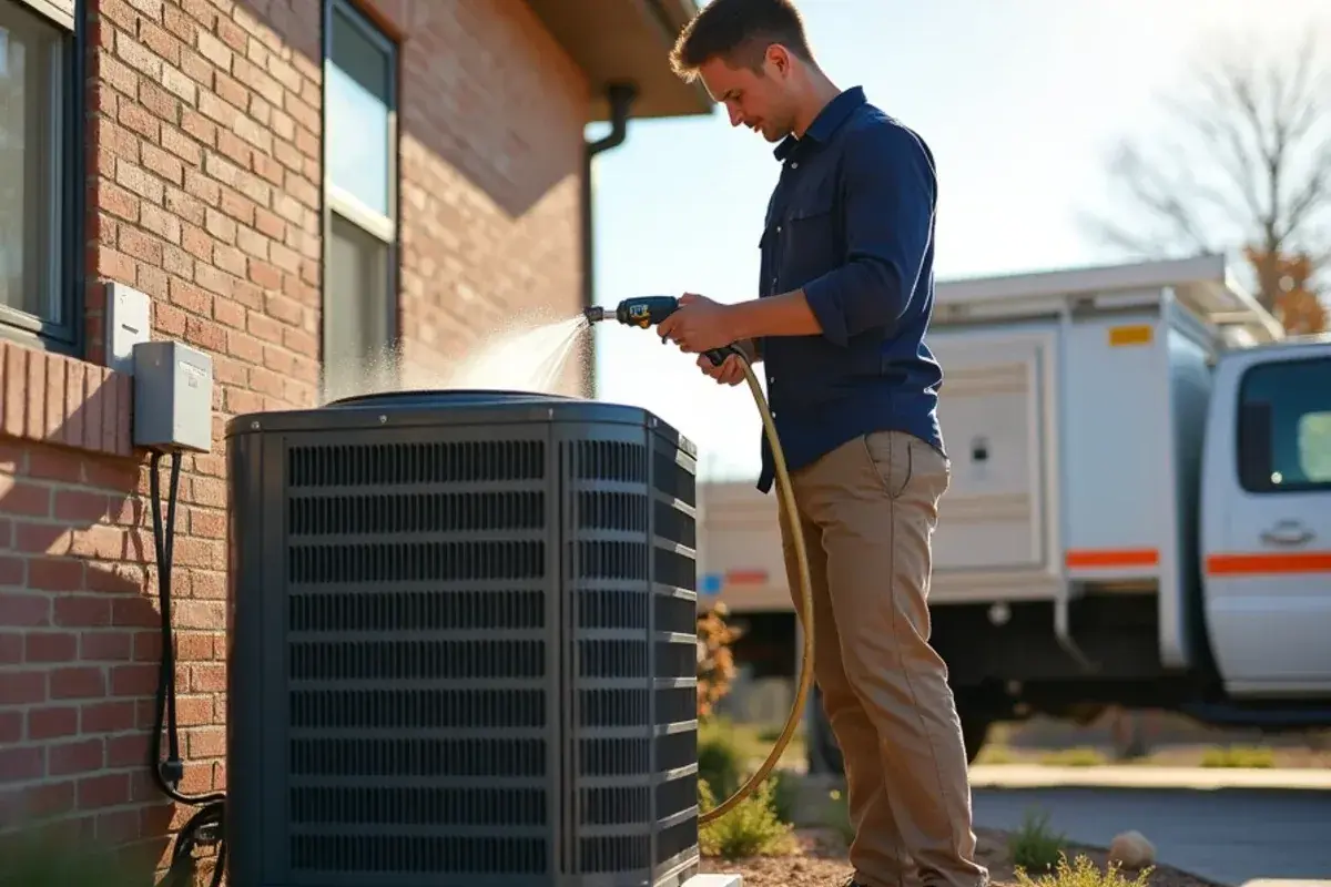 Technician rinsing the coil of a newer condenser during AC maintenance at a Murillo, TX home