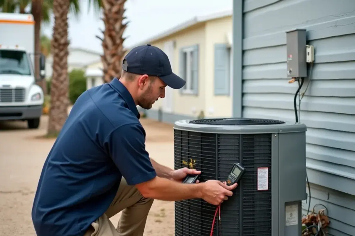 Technician checking a heat pump outdoor unit beside a park model home in North Alamo, TX