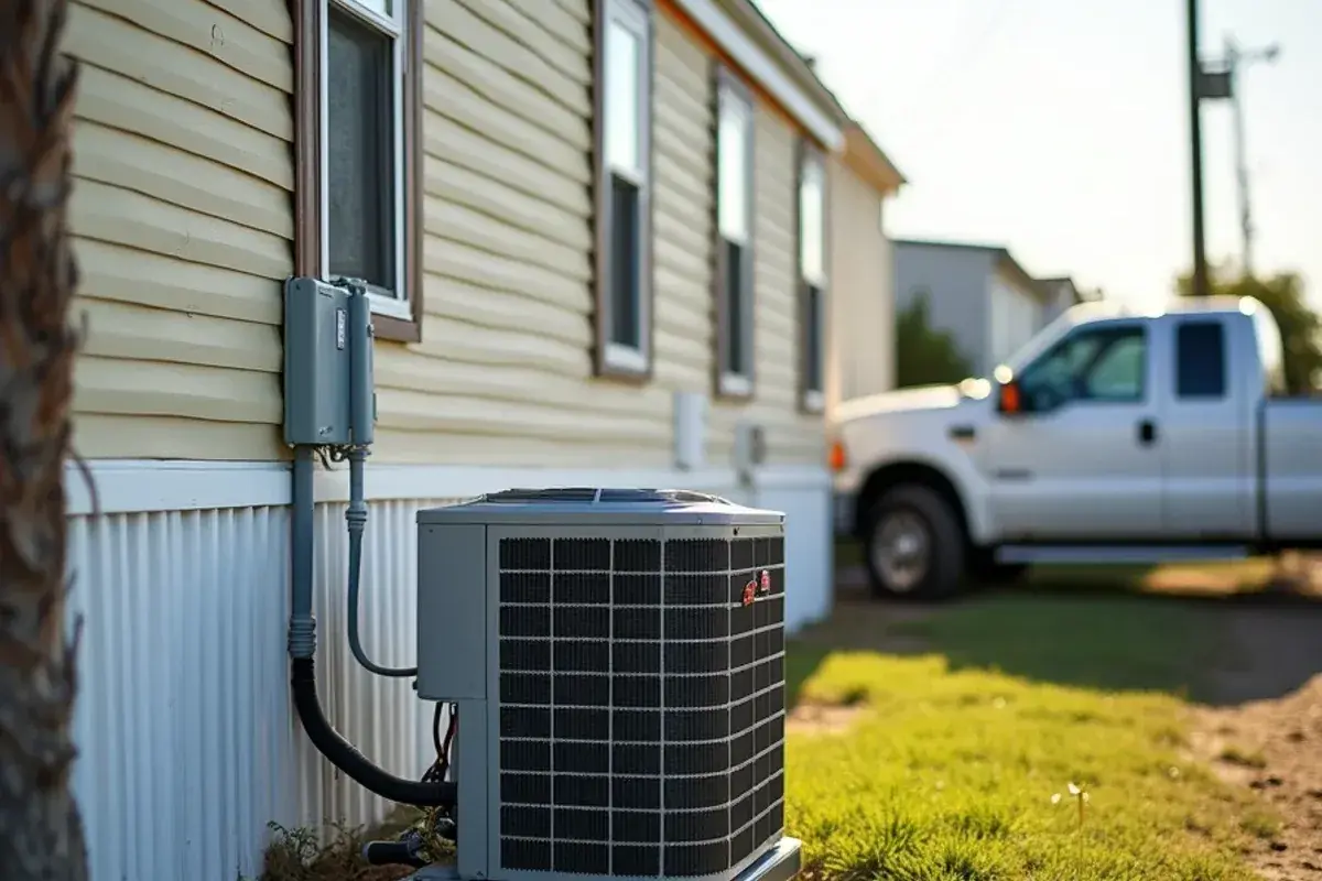 Packaged AC unit connected to the floor duct of a mobile home in North Alamo, TX