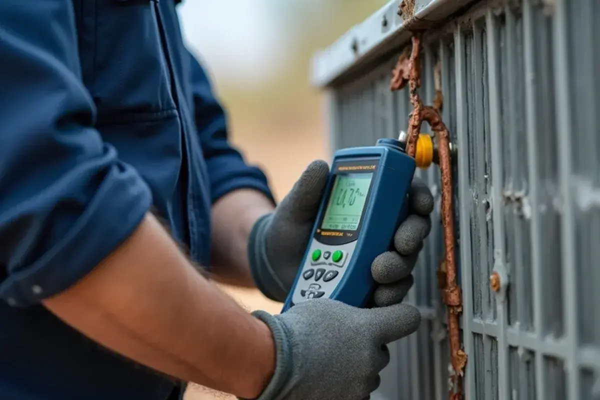 Technician tracing a refrigerant leak at a brazed joint with an electronic detector in Olivia Lopez de Gutierrez