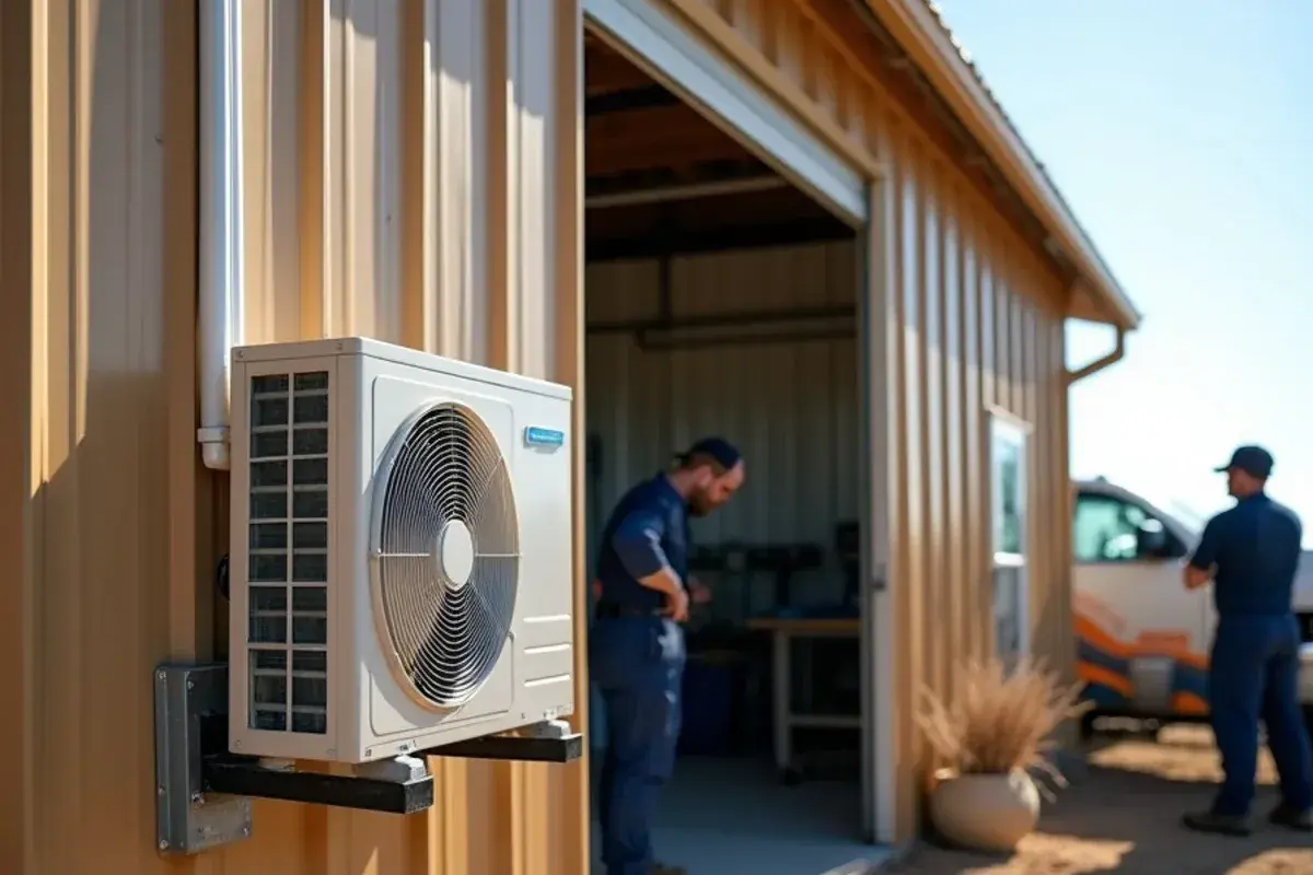 Ductless mini-split condenser mounted outside a metal shop building in Olivia Lopez de Gutierrez
