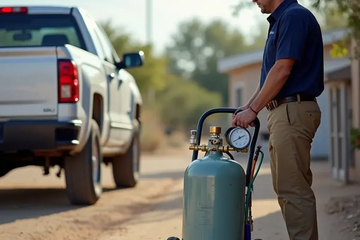 Nitrogen pressure test on a repaired refrigerant line at a rural home in Olivia Lopez de Gutierrez, TX
