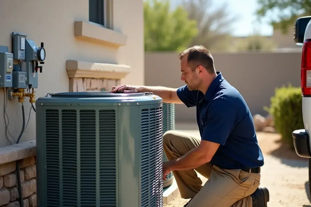 Technician reading refrigerant pressures on one of two condensers at a Palmhurst custom home
