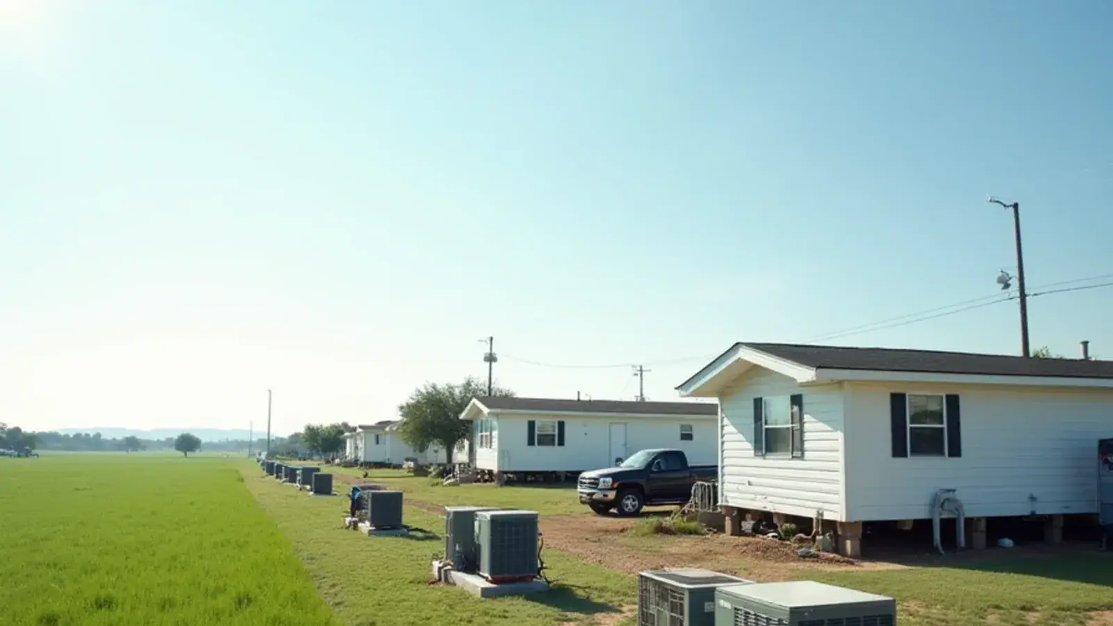 Manufactured homes with condensers on raised pads across flat low ground in Palmview South, TX