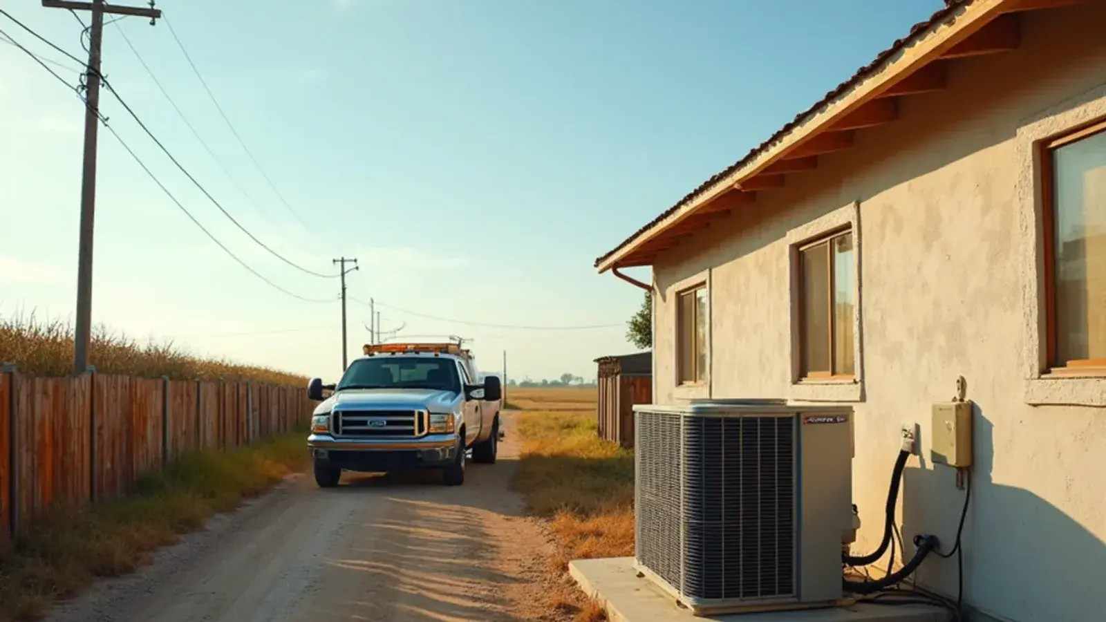 Old and new AC condensers behind 2000s stucco homes at the farm-field edge of Palmview, TX